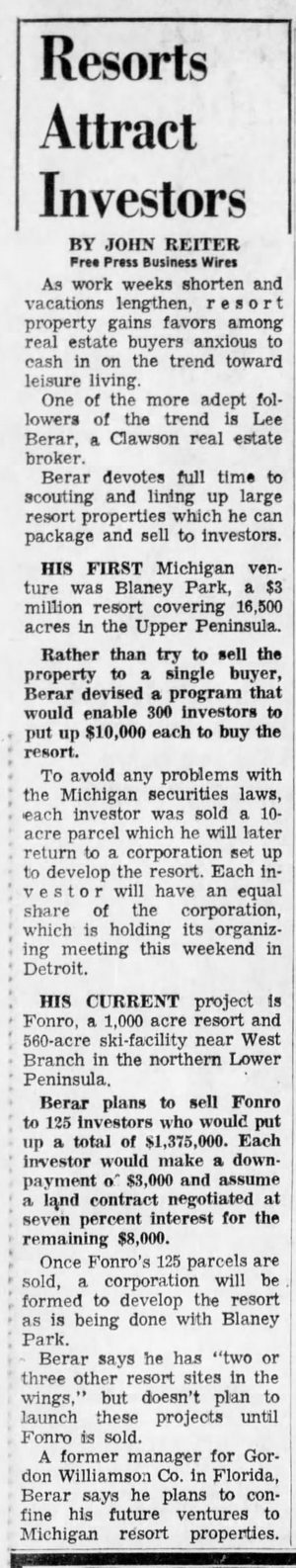 Fonro Lodge Resort Motel (Cole Creek) - 1969 Article On Investing